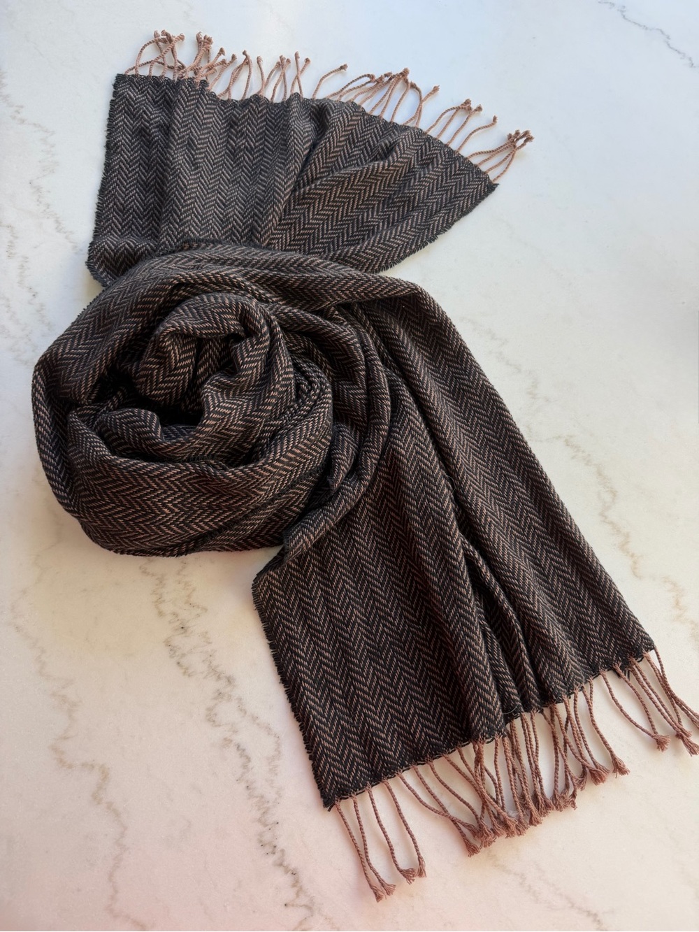 Black/Brown/Copper Herringbone Woven Fringe Scarf Wrap Shawl